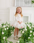 Skirt and long-sleeved set with bow, milky