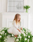 Skirt and long-sleeved set with bow, milky